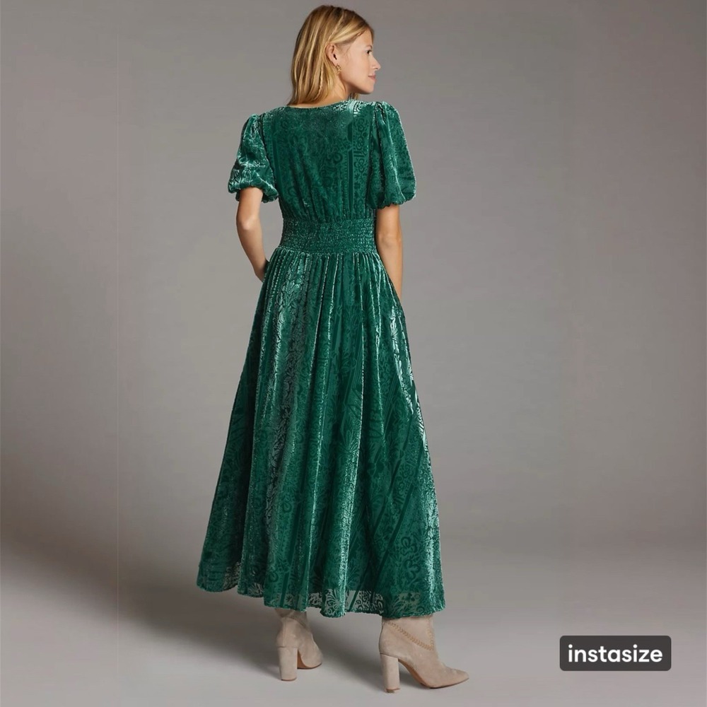 Anthropologie Size 10 Green Puff-Sleeved Burnout Velvet Maxi Dress Gala - Picture 6 of 14